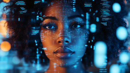 AI Cybersecurity African American Woman Analyzing Futuristic Holographic Data in Augmented Reality