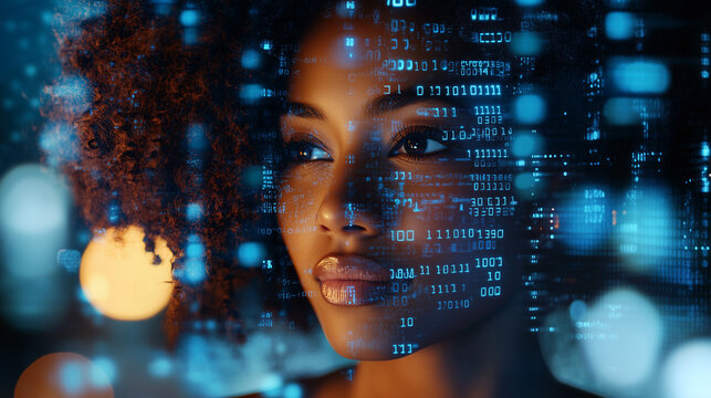 AI Cybersecurity African American Woman Analyzing Futuristic Holographic Data in Augmented Reality - Powered by Adobe