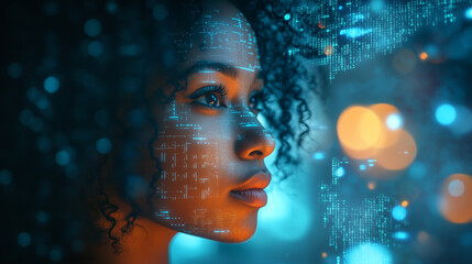 AI Cybersecurity African American Woman Analyzing Futuristic Holographic Data in Augmented Reality