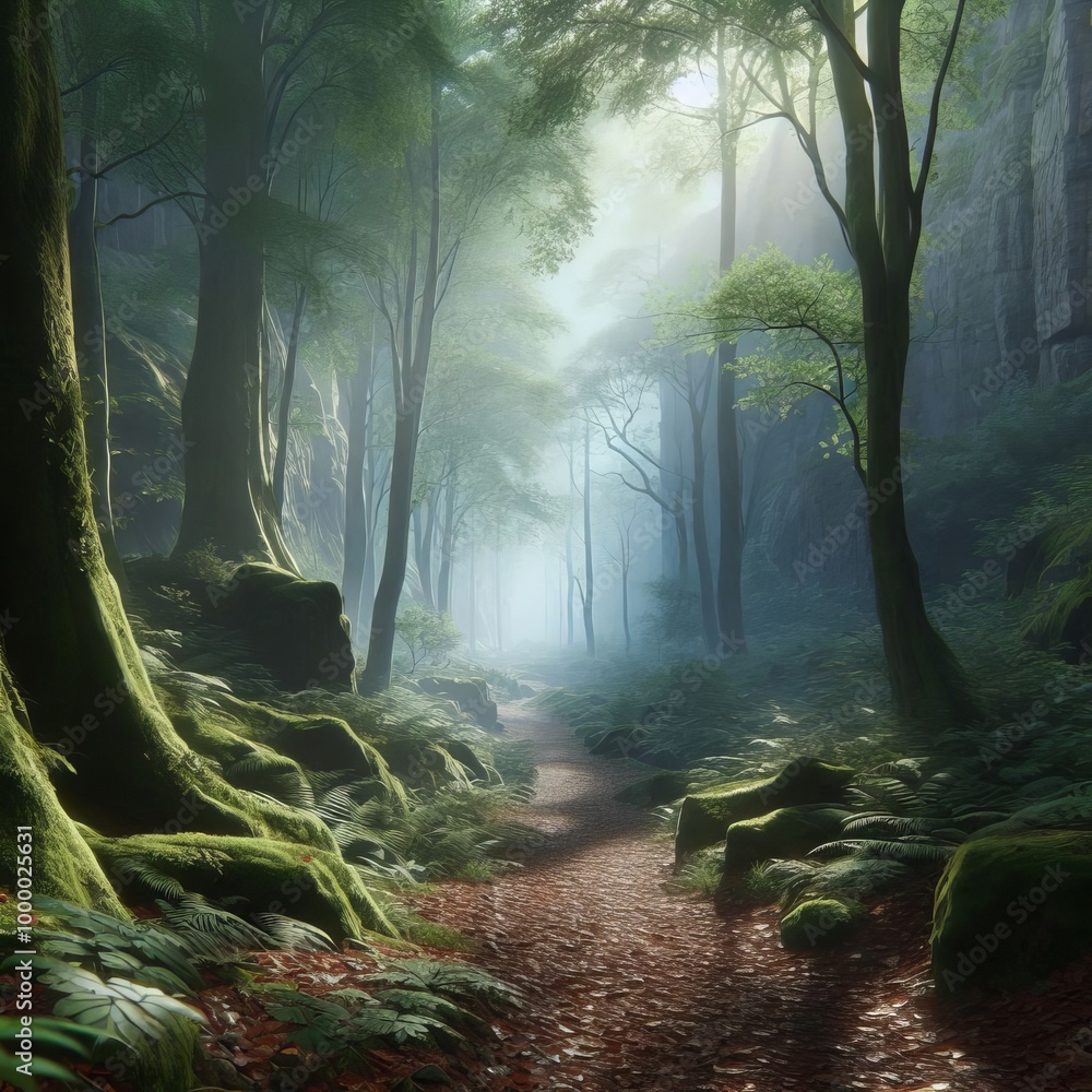 Poster a misty forest trail winds through a dense canopy of tall trees and lush greenery, creating a tranqu