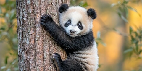 Obraz premium A cute panda clings to a tree trunk in the sunlight. This lovely animal is known for its playful nature and distinctive black and white coloring. Perfect for wildlife photography. AI