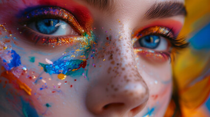 A close-up of the face, with colorful makeup on her eyes and cheeks, creating an artistic effect. The background is a blurred image of paint splattered all over it, adding to its vibrant appearance