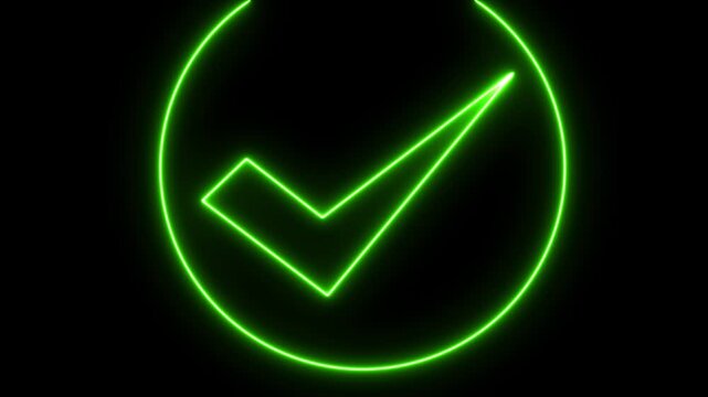 Neon chick mark on circle. green glowing tick on black background.
