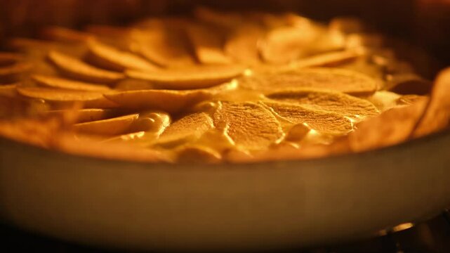 Close-up view of an apple pie baking in the oven, time lapse. Food photography. Autumn and Thanksgiving dessert concept.