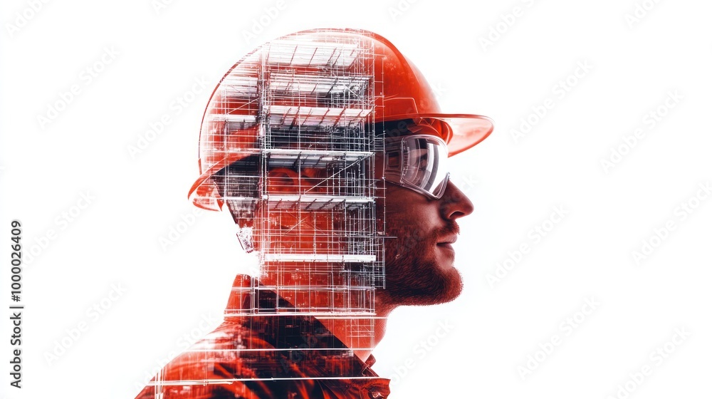 Poster a double exposure image of a construction worker with a building overlay.