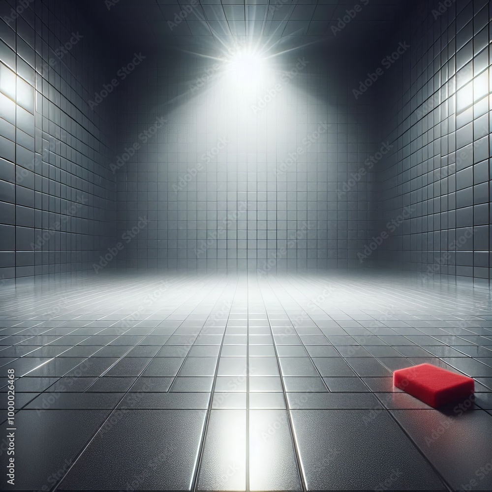 Poster a stark, minimalist room with tiled walls and floor, illuminated by a single spotlight. a red sponge
