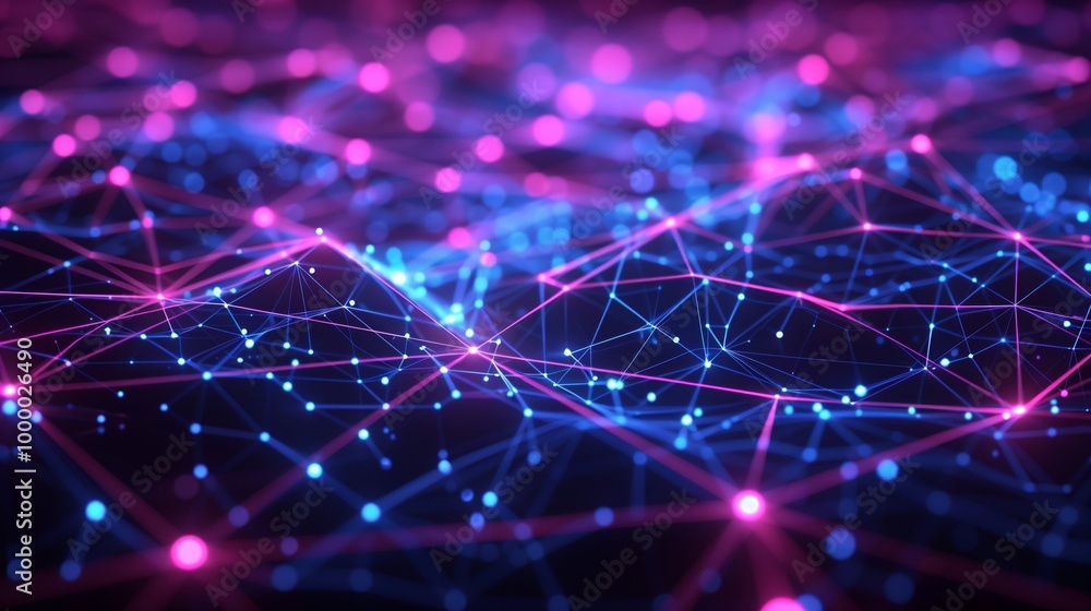 Poster abstract background with blue and purple glowing geometric shapes connected by lines, forming an int