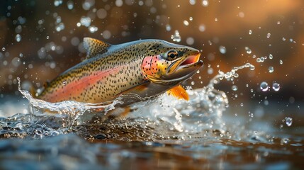 Close up of a rainbow trout being pulled out of the water, with bubbles and a splash around it, captured with high speed photography.