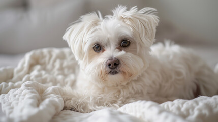 headshot of a cute white Maltese, looking at the camera, on a light grey background