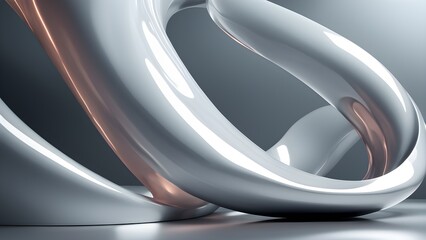 Obraz premium Abstract 3D render of a shiny white and copper geometric shape on a gray background.