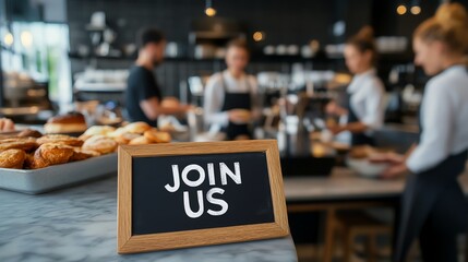 Close-up of a 'Join Us' sign on a cafe counter with blurred baristas in the background, inviting job applicants.