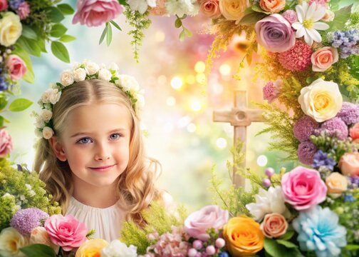 Elegant Evite Design for First Communion Celebration with Floral Accents and Soft Pastel Colors