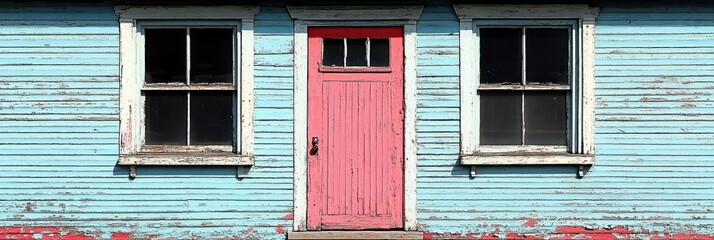 Fototapeta premium A weathered blue wooden exterior with two windows and a single bright pink door The house shows signs of aging with peeling paint and chipped wood
