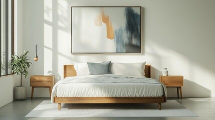 A clean, modern bedroom with a simple bed, a single nightstand, and a large abstract painting on the wall. Muted colors create a calming effect.