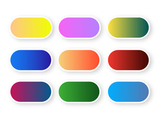 holographic gradient button. Multicolor green purple yellow orange pink cyan fluid circle gradients, colorful soft buttons or vivid color flat vector set