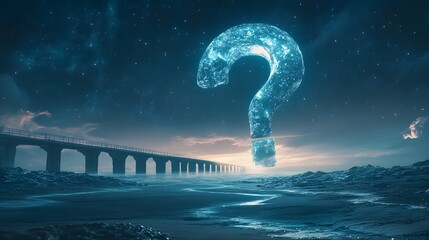 Doubt, Question Mark Above An Infinite Bridge To The Sea, Pattern Background, Wallpaper, Cover and Screen for Smartphone, PC, Laptop, 9:16 and 16:9 Format