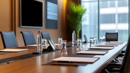 Modern boardroom setup with smart facilities, sleek furniture, and multimedia equipment for professional meetings.