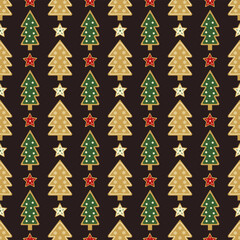 A seamless pattern of traditional holiday ginger cookies in the shape of a Christmas tree. Christmas Baking. Vector illustration on dark background.
