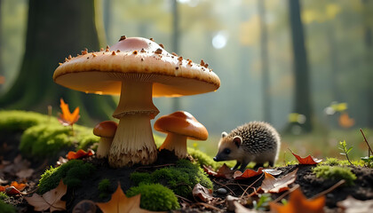 Curious hedgehog exploring magical mushrooms in misty forest