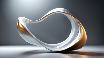 Abstract 3D rendering of a white and gold flowing shape on a grey background.