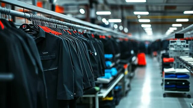 State-of-the-art factory producing school uniforms, where fabrics are being cut, stitched, and pressed, ensuring consistency and durability