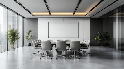 Fototapeta premium Modern office conference room with video conferencing equipment, smart whiteboard, and elegant decor for a professional setting.