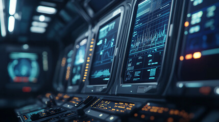 Futuristic computer monitors displaying biased data graphs in a high-tech control room setting.