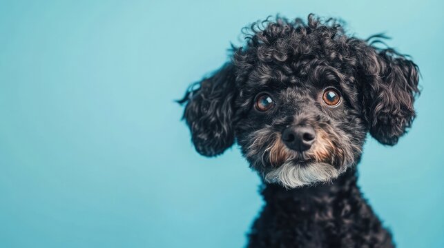 A close-up of a black curly-haired dog against a blue background, showcasing its expressive eyes.