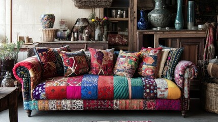 Bohemian interior design featuring a colorful patchwork sofa, mismatched cushions, and eclectic decor elements with vibrant patterns and textures.