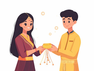 Obraz premium Macro Shot of Sister Tying Intricate Bhai Dooj Rakhi on Brother�s Wrist - Focus on Glowing Threads and Futuristic Elements in a Simple Flat Vector Illustration
