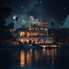 Fototapeta premium Beautiful night view of the house on the bank of the river