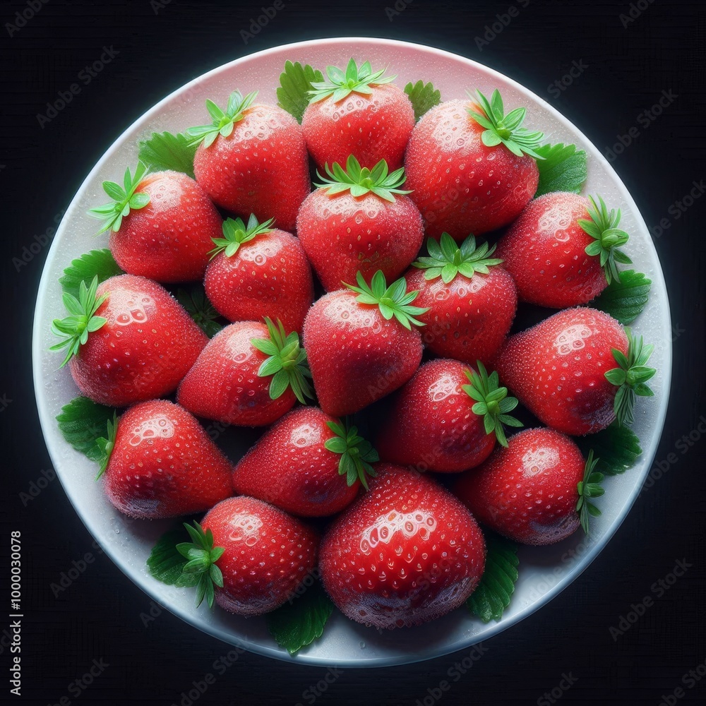 Poster A top view of fresh strawberries neatly arranged in a white bowl against a dark background. The vibrant red color and green leaves create a visually appealing contrast, making this image ideal for