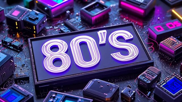 A neon sign reading "80's" in bright pink lights is placed on a circuit board, evoking a retro electronics theme. The scene is vibrant and nostalgic, capturing the essence of 1980s technology.