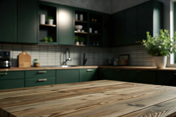 Modern kitchen with dark green cabinetry and wooden accents creating a cozy atmosphere perfect for culinary creativity. Generative AI