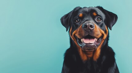 Fototapeta premium A happy Rottweiler dog smiling against a light blue background.