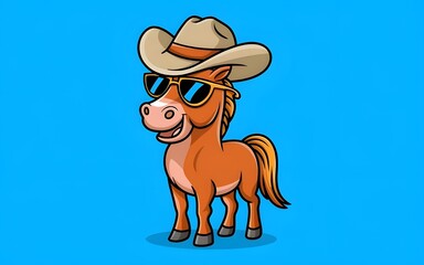 Playful Cartoon Horse with Sunglasses Against a Bright Blue Backdrop