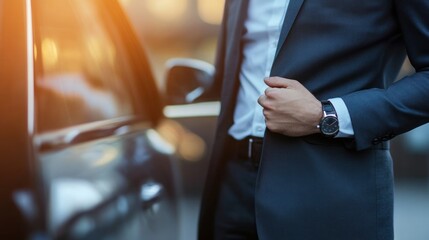 A well-dressed individual adjusting their suit near a car in an urban setting.