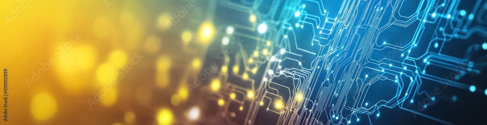 Poster abstract digital circuit design with glowing elements, representing technology and innovation.