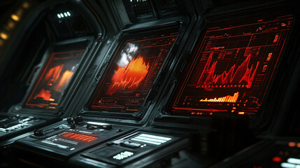 Futuristic computer monitors displaying biased data graphs in a high-tech control room setting.