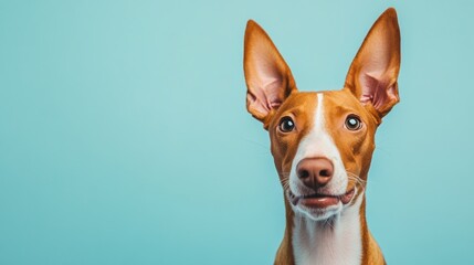 A close-up of a dog with large ears against a blue background, showcasing its expression.