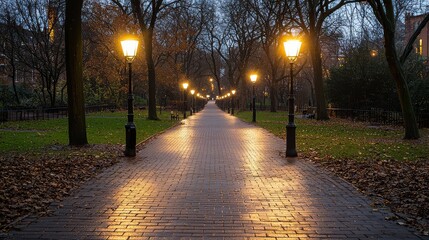 Obraz premium A walkway with a brick path and a row of street lights. The lights are lit up and the path is wet from rain