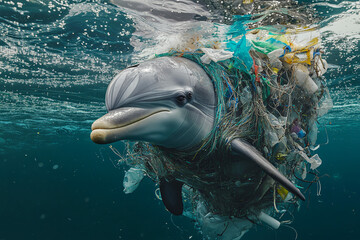 A dolphin, entangled in plastic garbage, with microplastic particles stuck to its skin. This scene emphasizes the direct impact of plastic pollution on large marine mammals and the urgency of addressi