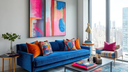 Modern living room with a vibrant blue sofa, colorful cushions, and abstract art on the walls. Large windows allow natural light to brighten the room.