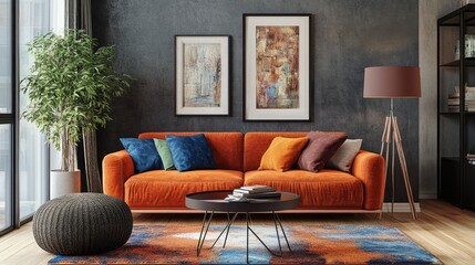 Urban apartment living room with a burnt orange sofa, multicolored cushions, and sleek modern furniture, creating a trendy, colorful space.
