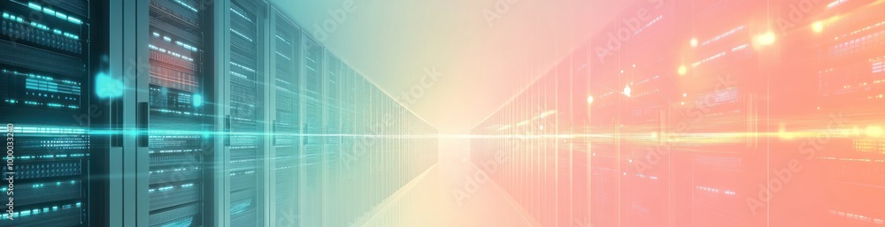 Poster a digital representation of a data center corridor with server racks.