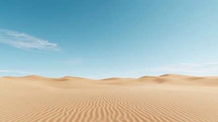 A desert landscape with a blue sky in the background. The sky is clear and the sun is shining brightly. The sand dunes are tall and the landscape is vast