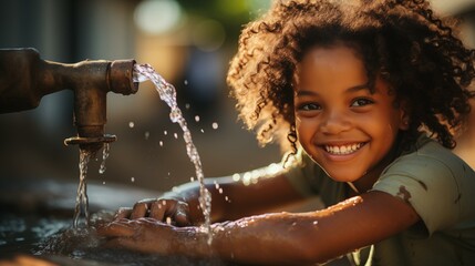 A young girl is playing with water from a fountain