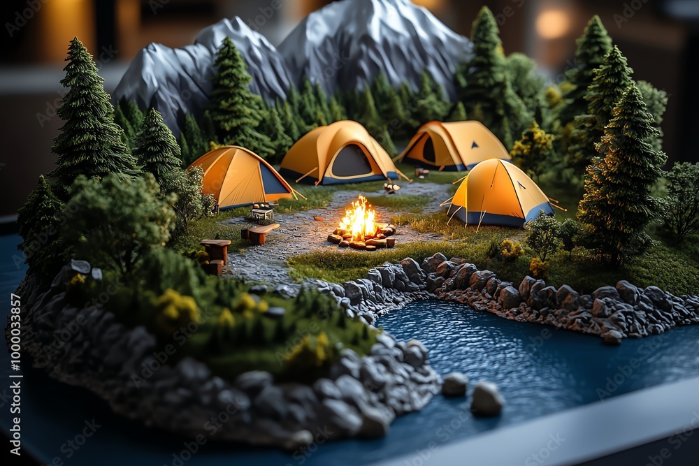 Poster 3d digital model of a mountain campsite, where users can interact with the tents, campfire, and surr