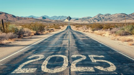 Road to 2025 with an empty road with written 2025 and arrow pointing towards the horizon to represent the future and positivity and success of the new year 2025 