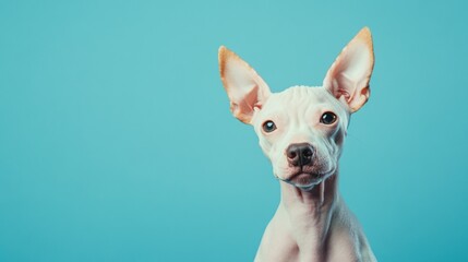 A close-up of a white dog with large ears against a vibrant blue background.